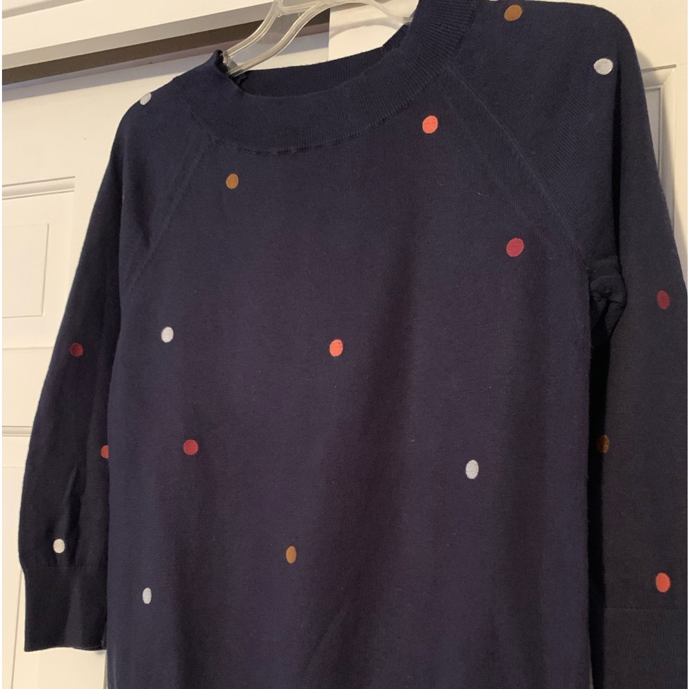 Loft women’s light weight navy sweater with colored dots. Size S 3/4 sleeves